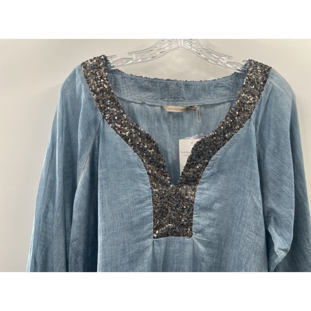 Soft Surroundings Women’s Long Sleeve Sequin V Neck Cotton Top Garment Dyed LG - Picture 2 of 8